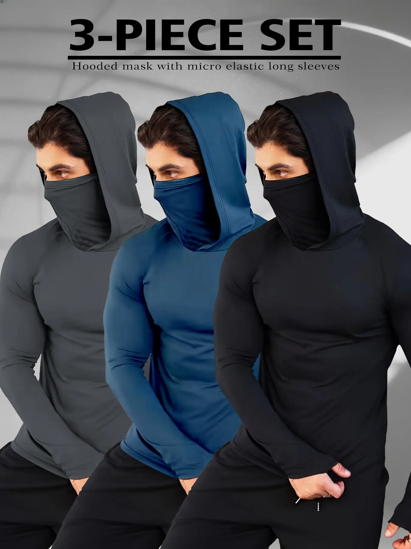 Men's One-Piece Mask Hooded Tight Long Sleeve 3-Pack, Ninja Style Fitness Training Sports Top, Casual Cartoon Pattern, Plain Surface