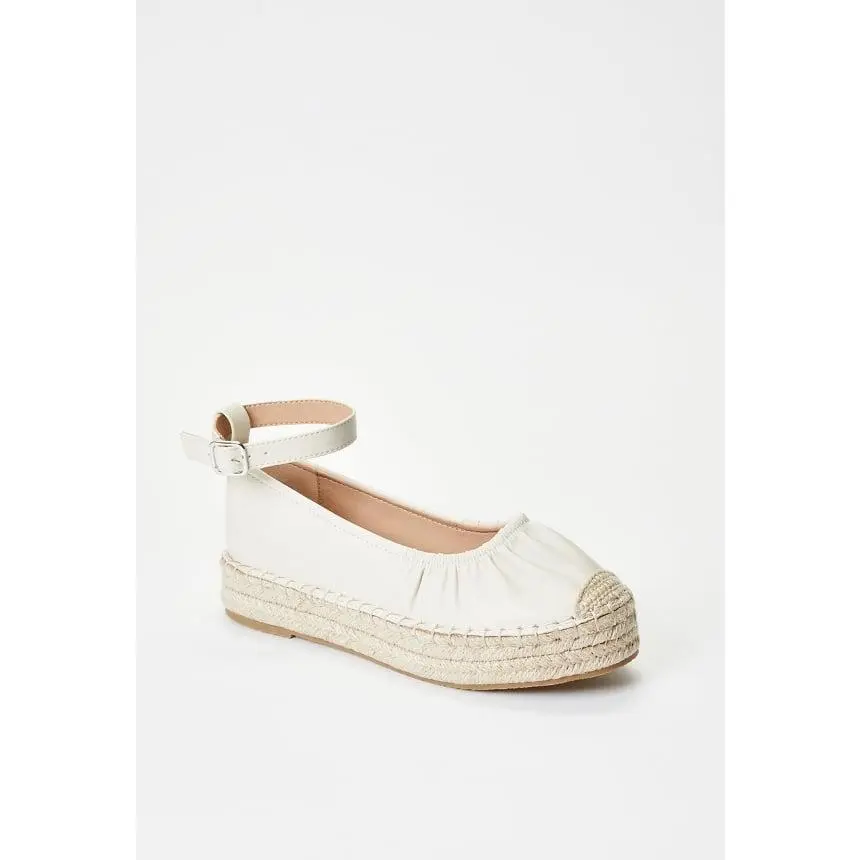 JUST FAB Women's Closed Toe Platform Espadrille Flats Cream Eco Leather Ruched Ankle Strap Jute Sole Comfortable Summer Resort Casual Shoes