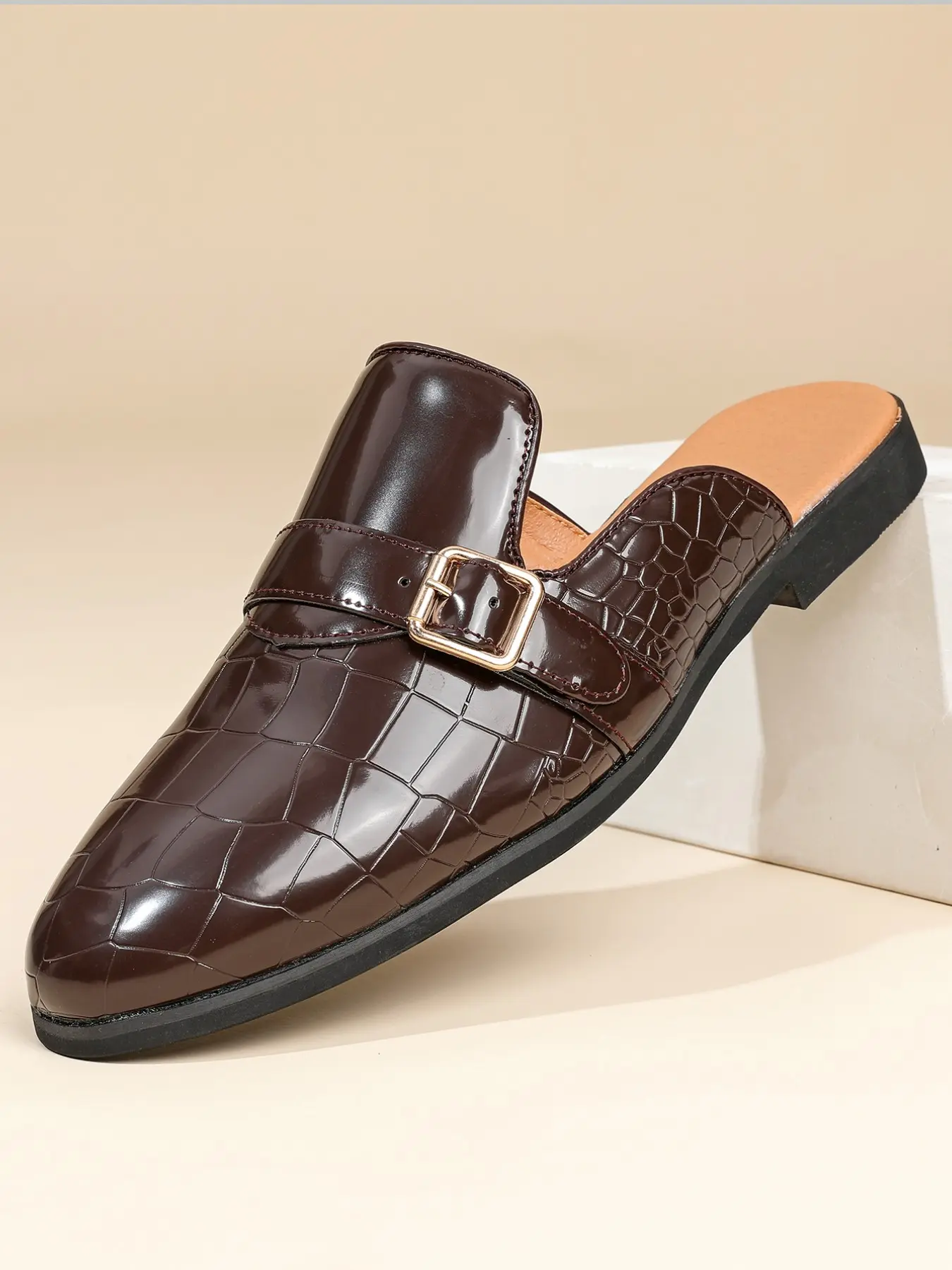 Men's Retro Bright Leather Mule Slippers, Metal Buckle Design, Anti-Slip Flat Sole, Breathable Lightweight, Casual Office & Outdoor Shoes