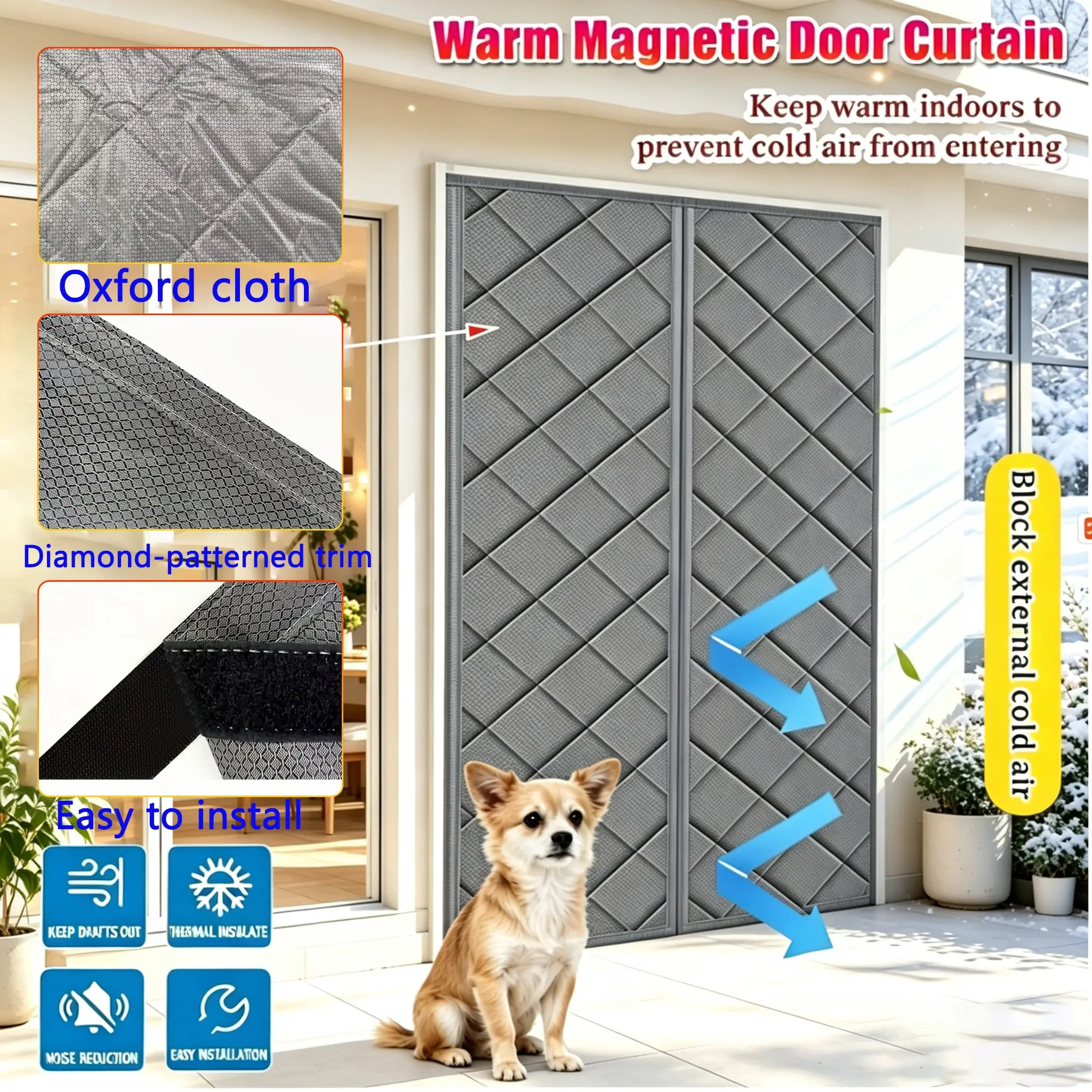 Magnetic Thermal Door Curtain, Thick Quilted Oxford Cloth, Windproof Insulated, Cold Air Blocking, Soundproof, Easy Install, Home Patio Garage Door Entrance
