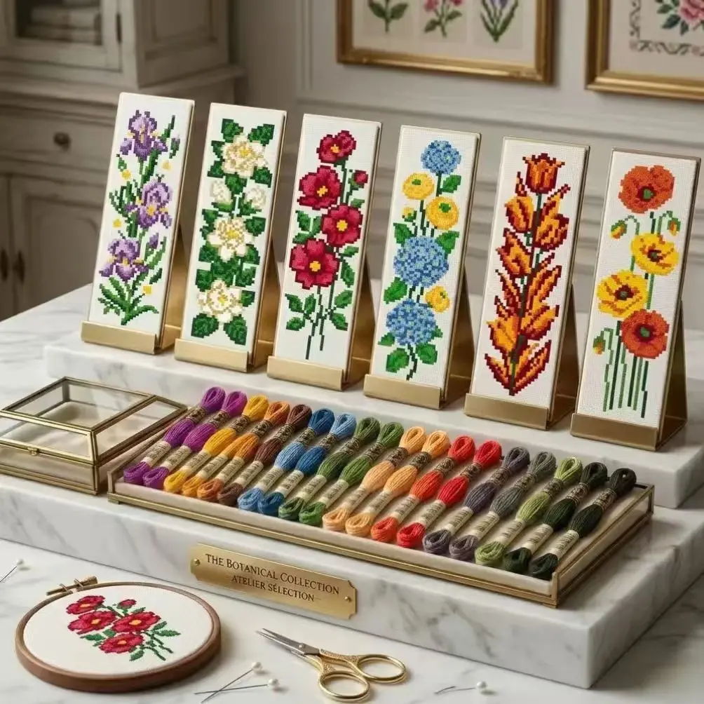 7-Piece Floral Cross Stitch Kit, Embroidery Set, Beginner-Friendly, Includes Embroidery Cloth, Needles, Threader, Instructions, Perfect for Gifts and Home Decor