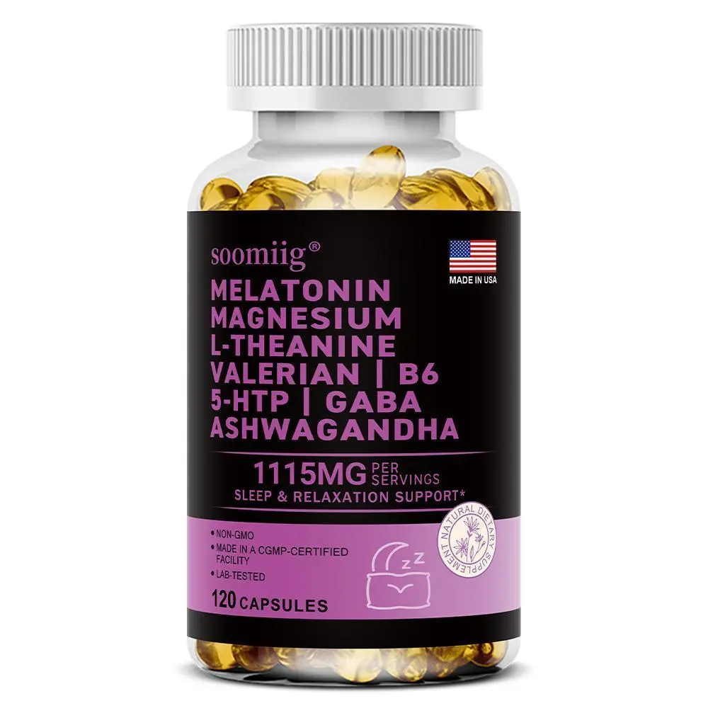 Soomiig melatonin, magnesium, L-theanine, and valerian supplement to support healthy sleep. 120 Capsules