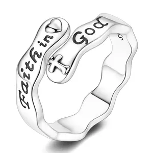 Christian Scripture Ring in S925 Sterling Silver for Women & Youth, Adjustable Open Wave Band with 'Faith in God' Letters, Inspirational Gift