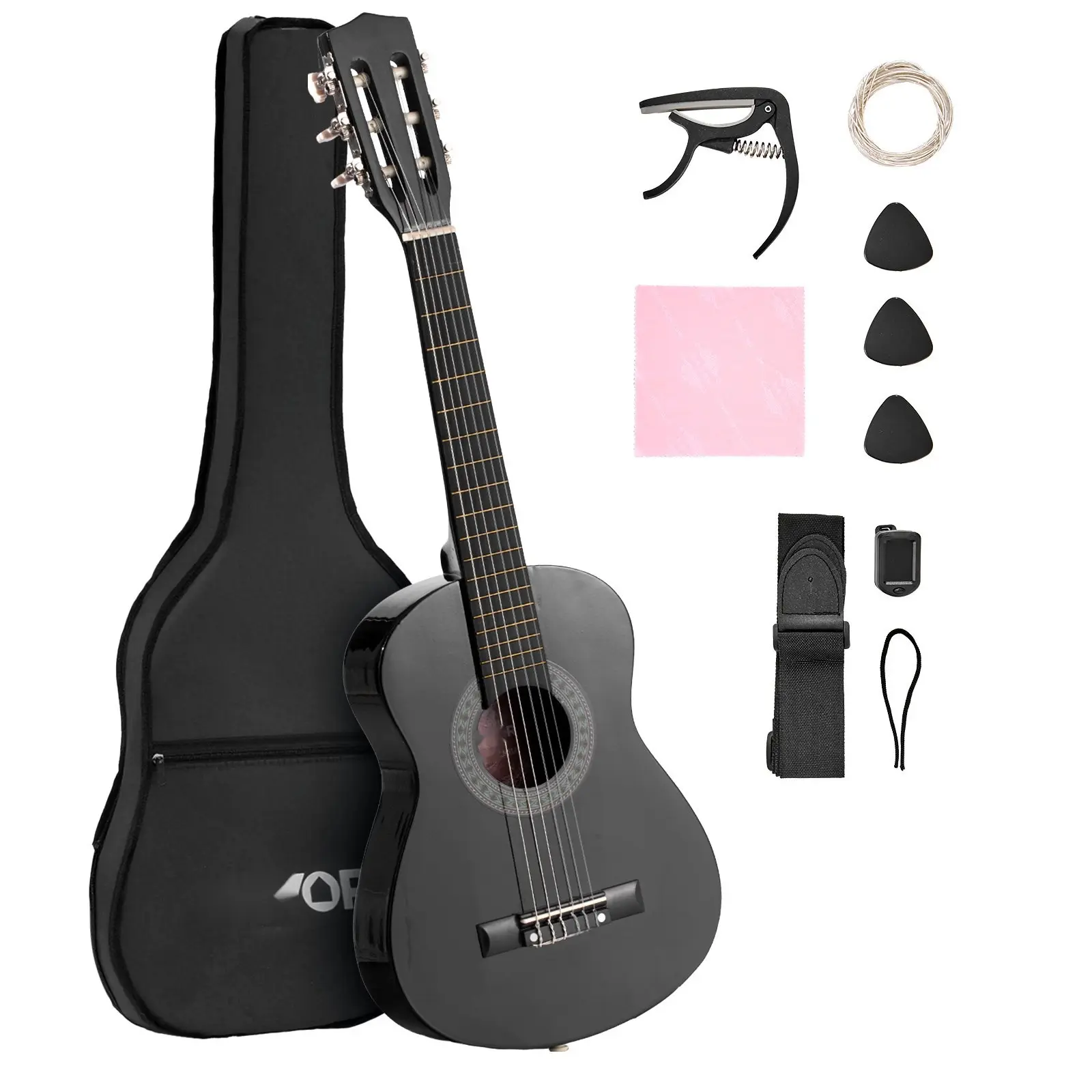 30-In Full-Size Classical Guitar Beginner Starter Kit with Nylon Strings, Black Finish, Case, Strap, Extra Strings, Picks, Tuner, Cleaning Cloth & Instruction Book for Learning Practice