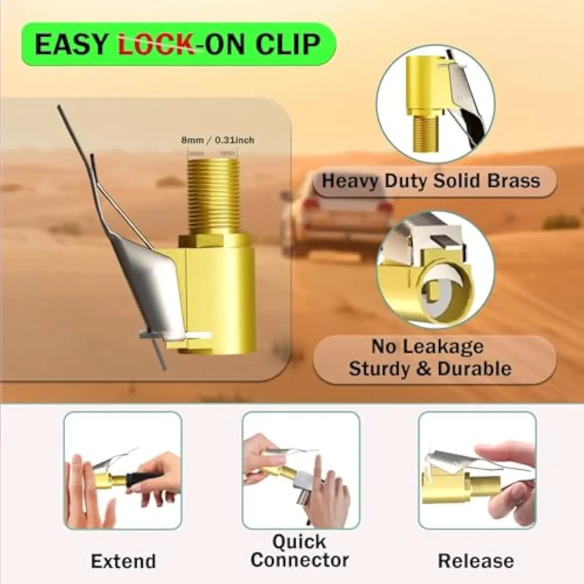 Solid Brass Heavy Duty Tire Air Chuck with Lock-on Clip Attach - 250 PSI No Leakage Quick Connect Inflator Hose Adapter, 8mm Threads, Easy to Operate High Efficiency Fit for Standard Schrader Valve, Car Tire Air Compressor Accessory