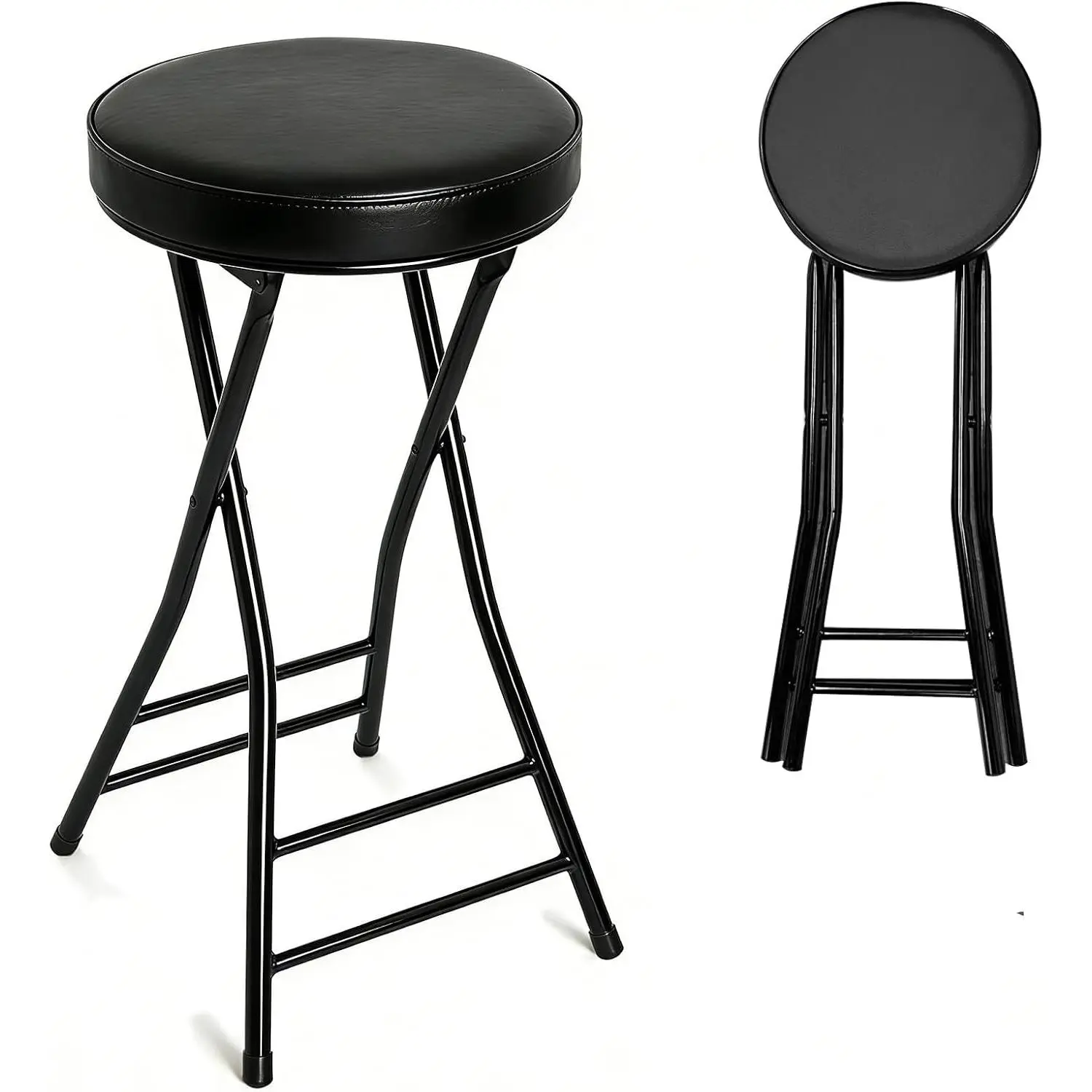 Folding Bar Stool, 24 Inch Tall Foldable Stool Chair, Counter Height Cushioned Leather Padded Portable Stools, Heavy Duty Collapsible Stools for Kitchen Island Garden Camping Brown