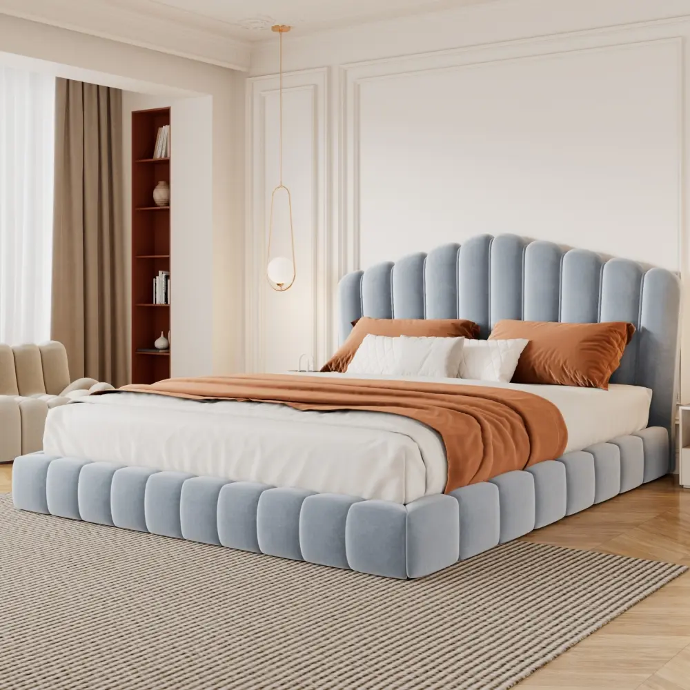 Queen Upholstered Bed Frame, Velvet Platform Bed with Shell Headboard and Vertical Channel Tufted Design, Low Profile Modern Bed Frame, No Box Spring Needed, Light Blue