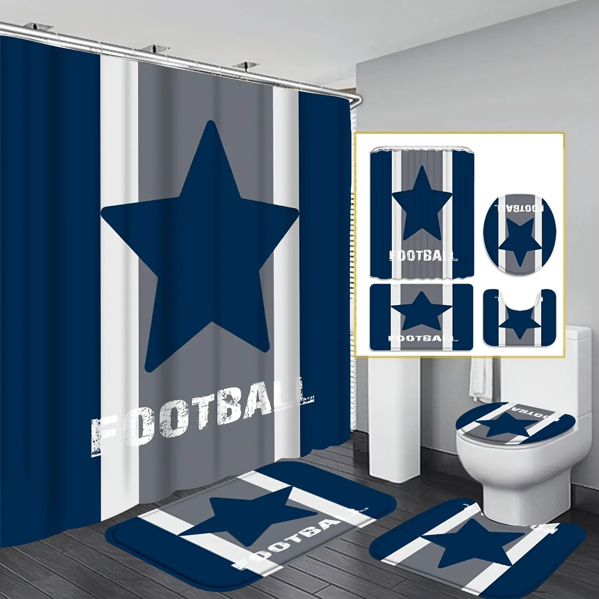 4-Piece Texas Star Shower Curtain Set For Bathroom, American Football Themed Bathroom Shower Curtain, Floor Mat, Toilet Cover Mat, Non-Slip U-Shaped Mat, Sports Champion Bathroom Decoration Set