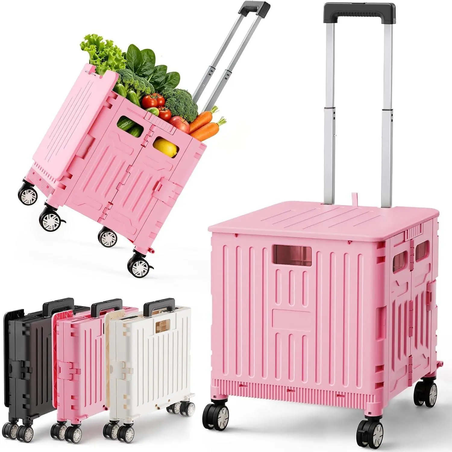 Folding Utility Cart Portable Rolling Crate Handcart Shopping Trolley with Lockable Wheels, Back-to-School and Camping Cart, Lid, Collapsible Tool Box for Grocery, Travel, Garden, Shop, Office, Luggage, Teacher, Pink/White/Black