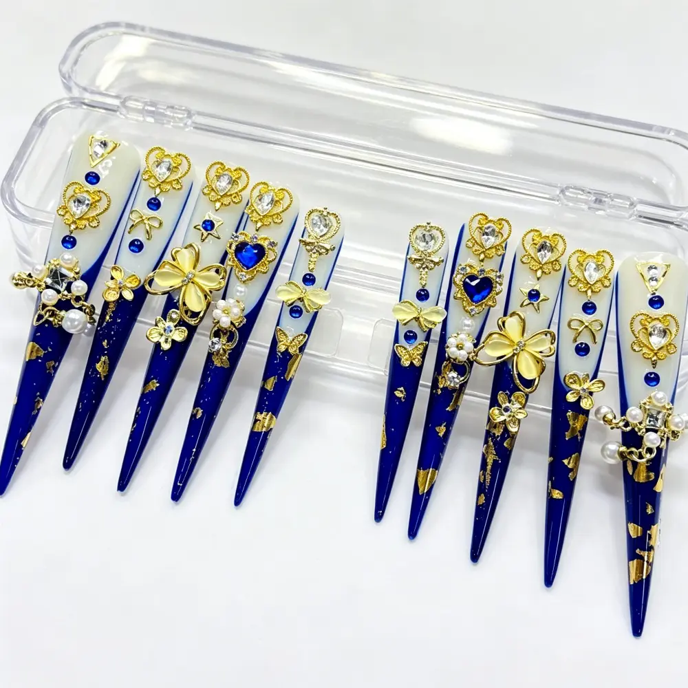 10Pcs Reusable Handmade Extra Long Stiletto Press-On Nails - Royal Blue Gradient Fake Acrylic Nails with Gold Filigree Metal Frame, Blue Heart Gem, 3D Butterfly, Gold Foil, Pearl Ornate Luxury Manicure Set for Wedding, Formal Events