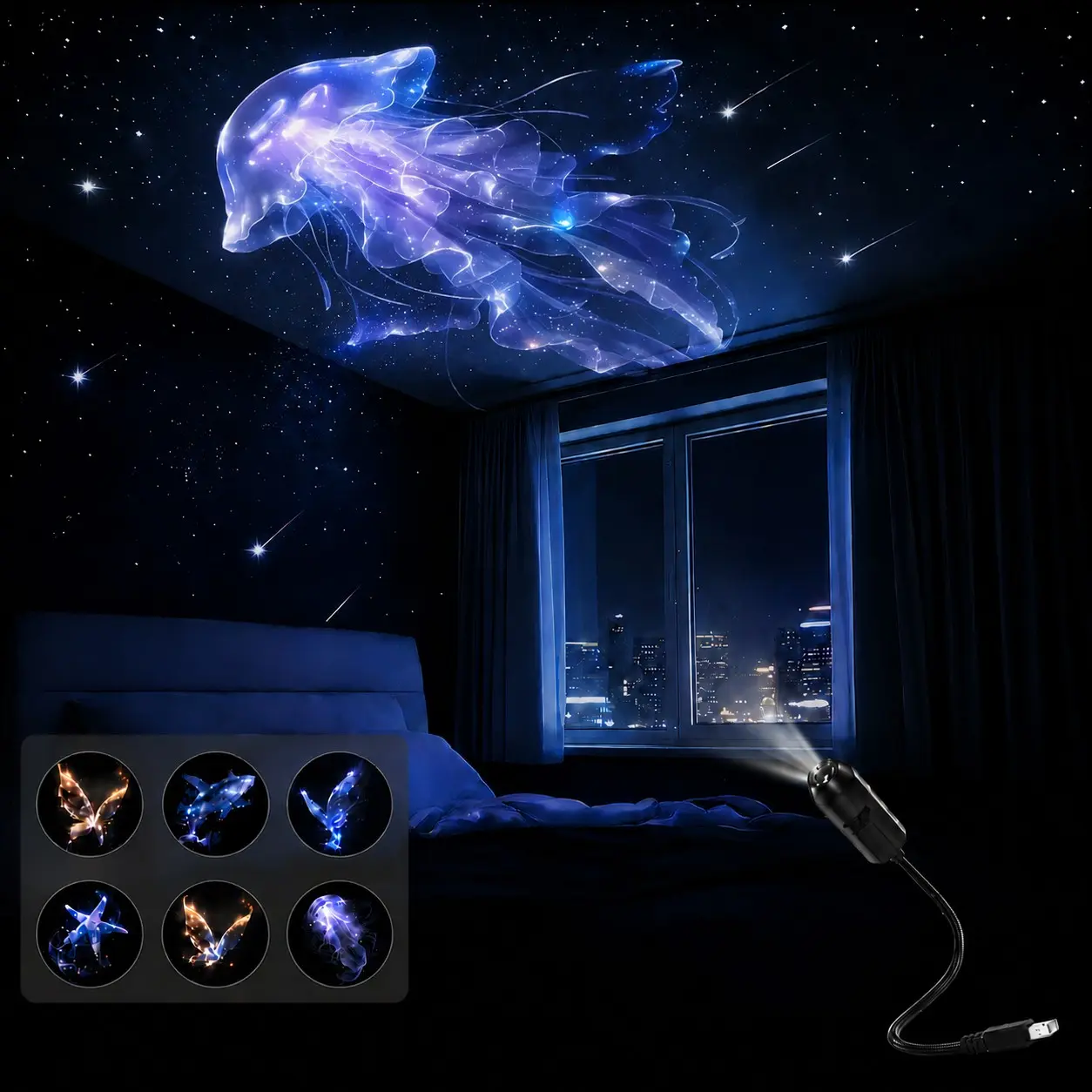 USB Ocean Projection Lamp, Decorative LED Art Light with 6 Pattern Discs, Whale, Butterfly, Jellyfish and Starfish Ceiling Projector for Bedroom, Party and Home Atmosphere Decor, Ambient Night Light, Decorative Lighting