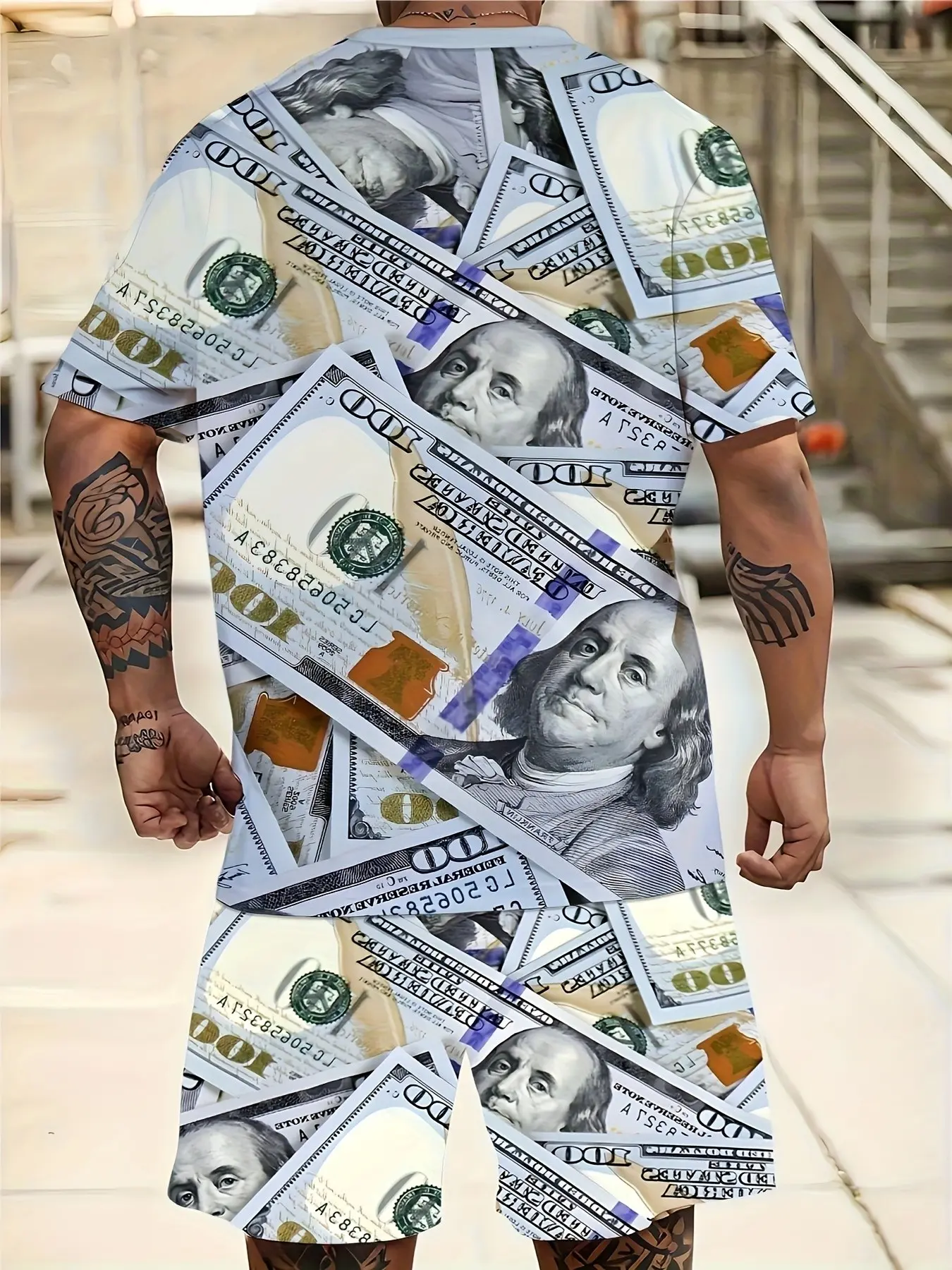 American Hip-Hop Style $100 Bill Print Short Sleeve Top Shorts Set, Loose Fit Casual Men's, Trendy Two-Piece Ensemble