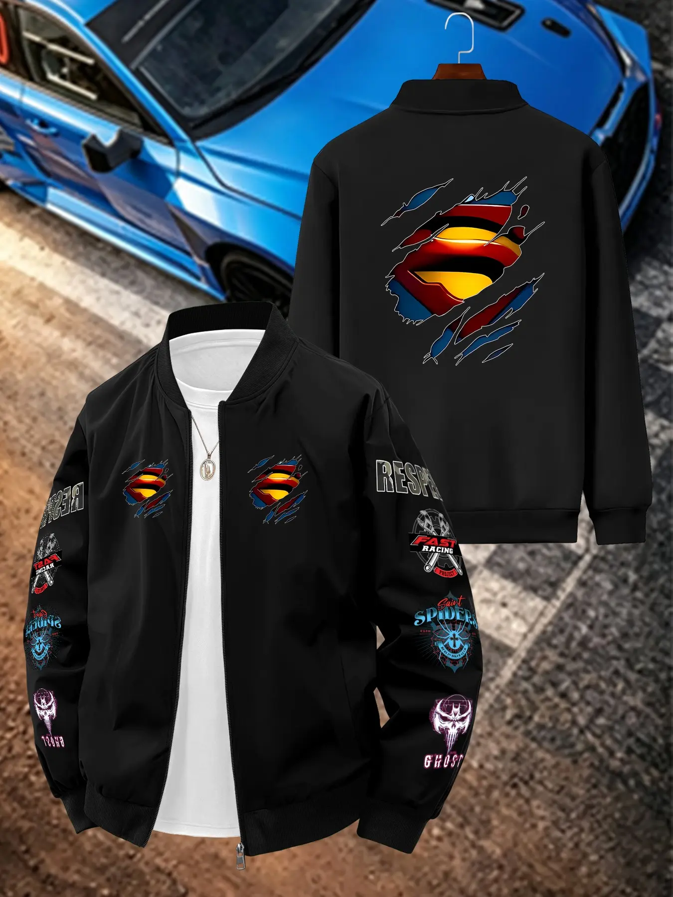 Superman Logo Print Men's Casual Jacket, Long Sleeve Loose-Fitting Outerwear, Geometric Pattern, All Seasons, Plain Surface, Unlined