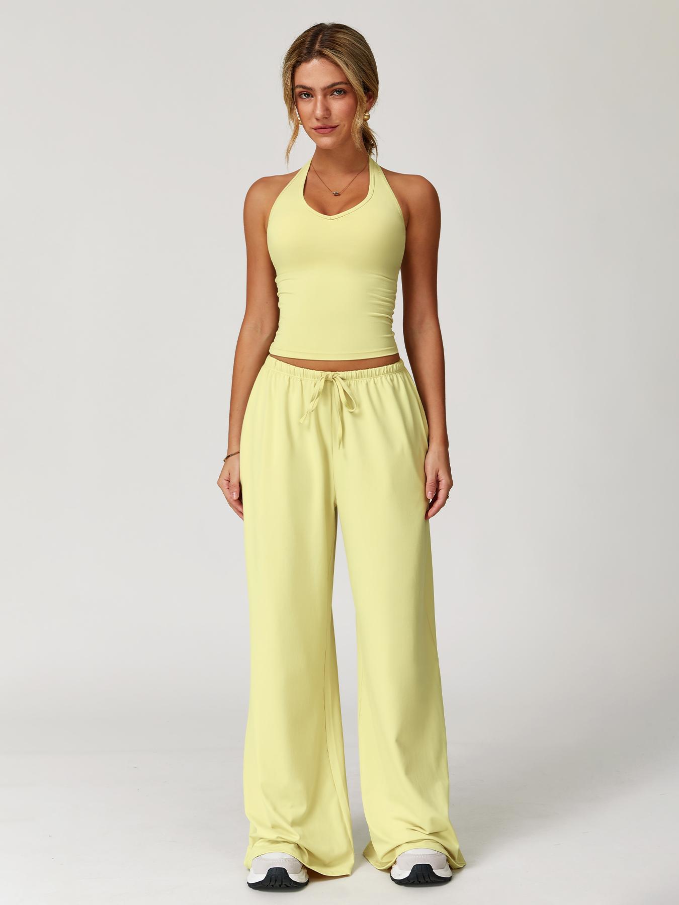 Women's Solid Halter Neck Top & Wide-Leg Pants Sports Set, Casual Sleeveless Top & Pants for Daily Outdoor Wear, Ladies Activewear Set for Tennis and Running, Workout Clothes, Breathable Activewear, Yoga Gym Outfits