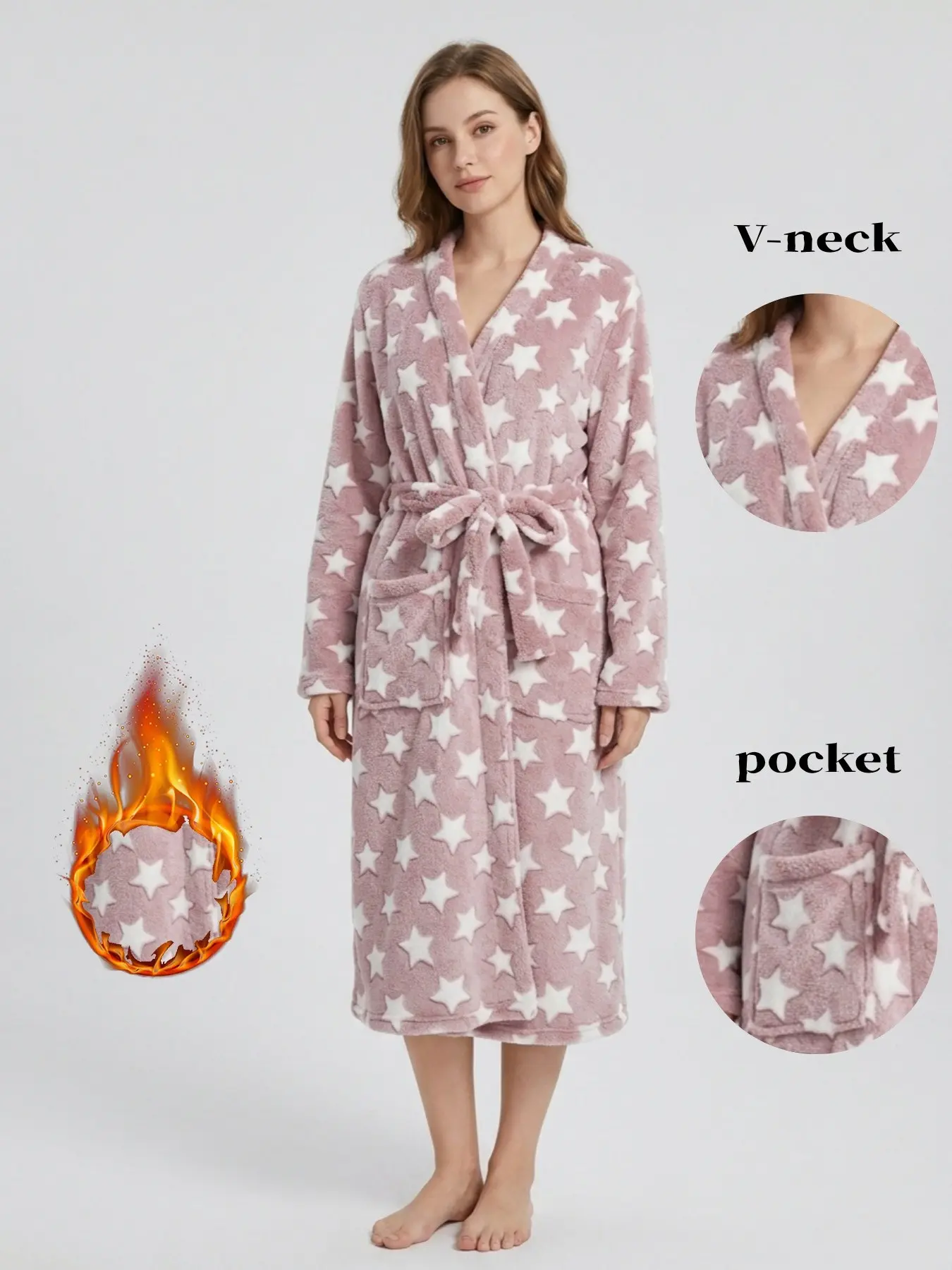 Women's Autumn Winter Soft Minimalist Star Print Robe, Kimono Neck Tie Waist Cinch Dual Pockets Flannel Long Bathrobe, Cozy Home Wear Nightwear Loungewear
