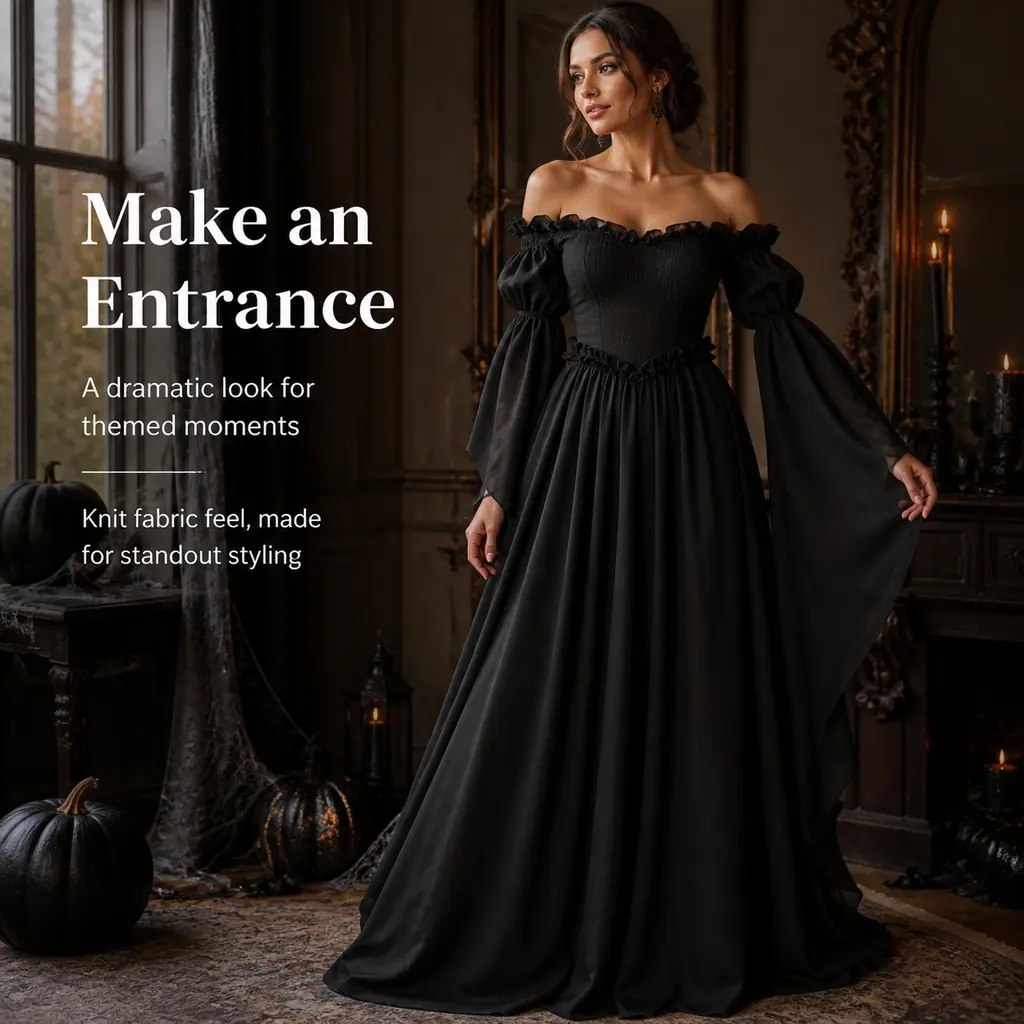 Women's Dark Medieval Gothic Off-Shoulder Flared Maxi Gown - Puff Bell Long Sleeve Ruffle Floor-Length Black Fashion Garments, Vintage Renaissance Noble Costume for Adult Halloween Cosplay, Carnival Fabric Apparel, Aesthetic, Retro