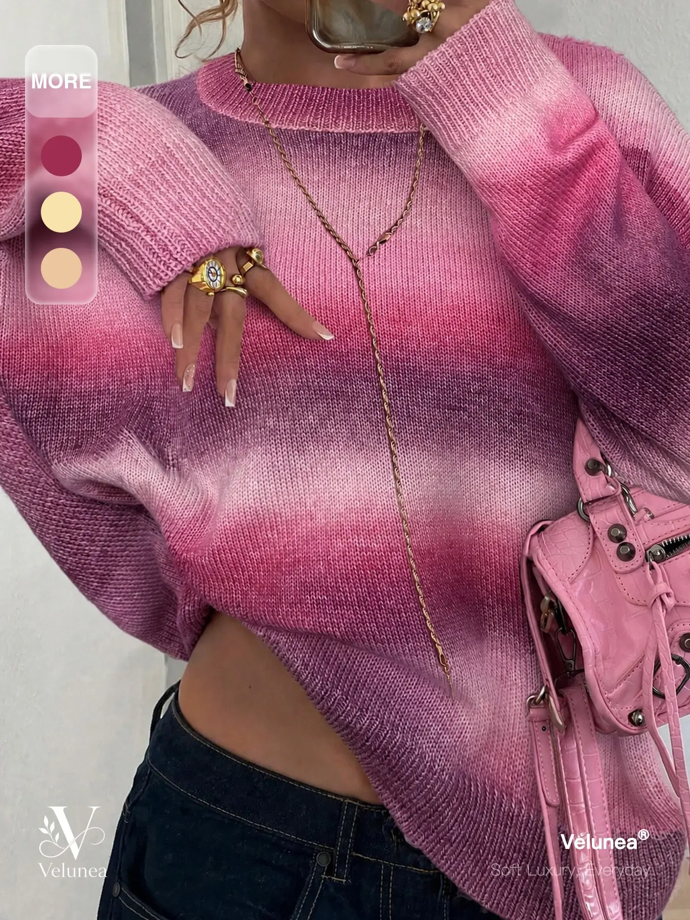 Velunea Women’s Gradient Knit Sweater, Soft Oversized Long Sleeve Pullover, Cozy Casual Crew Neck Jumper for Fall Winter Daily Outfit and Chic Street Style