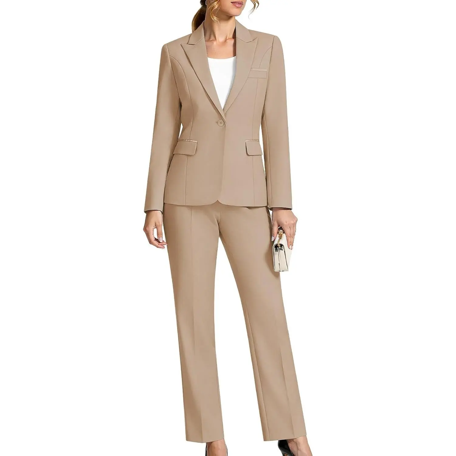 Women's 2 Piece Business Office Suit Lady Peaked Lapel Slim Fit One Button Blazer Jacket and Pants Set