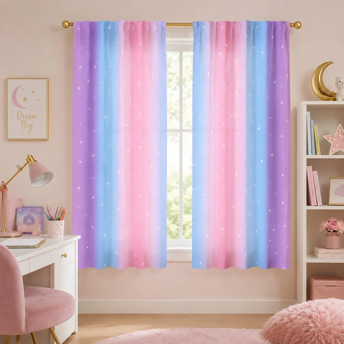 2-Pack Macaron Blue Gradient Starry Sky Curtains, Home Decoration Curtain, Dreamy Rainbow Print, Short Decorative Window Drapes for Girls' Bedroom