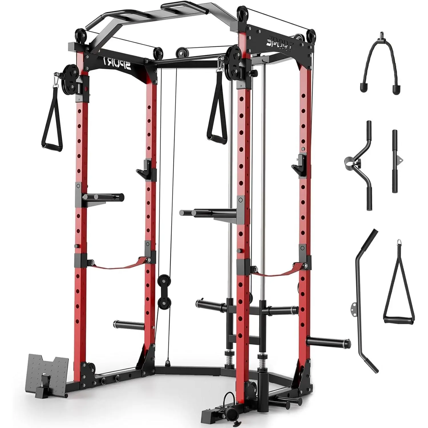 All-in-One Power Cage with Cable Management System, 2000lbs Heavy Duty Squat Rack with Multi-Grip Pull Up Bar, J-Hooks, Dip Bar & Landmine, Home Gym Multi-Functional Fitness Station for Full Body Workout