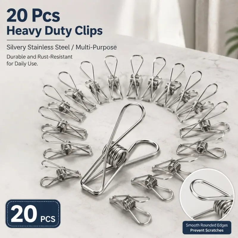 20-Pack Heavy-duty Stainless Steel Clips, thickened, durable and rust-resistant. Suitable for laundry, kitchen, office and outdoor use for long-lasting performance.