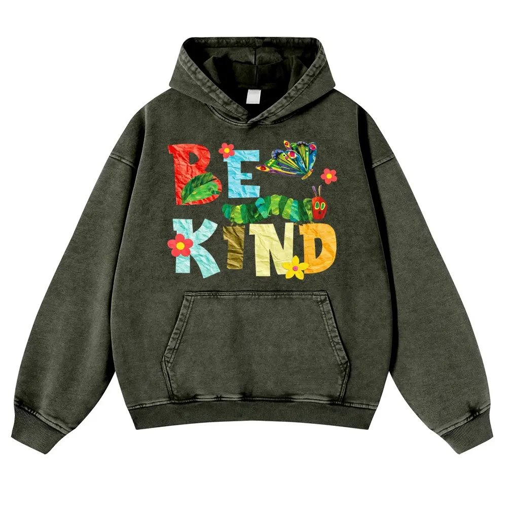 Crumpled Color Paper Cutout Collage Lettering, Positive "Be Kind" Slogan 380g Autumn VIntage Washed Hoodie Graphic Sweatshirt,back to school,back to school shopping
