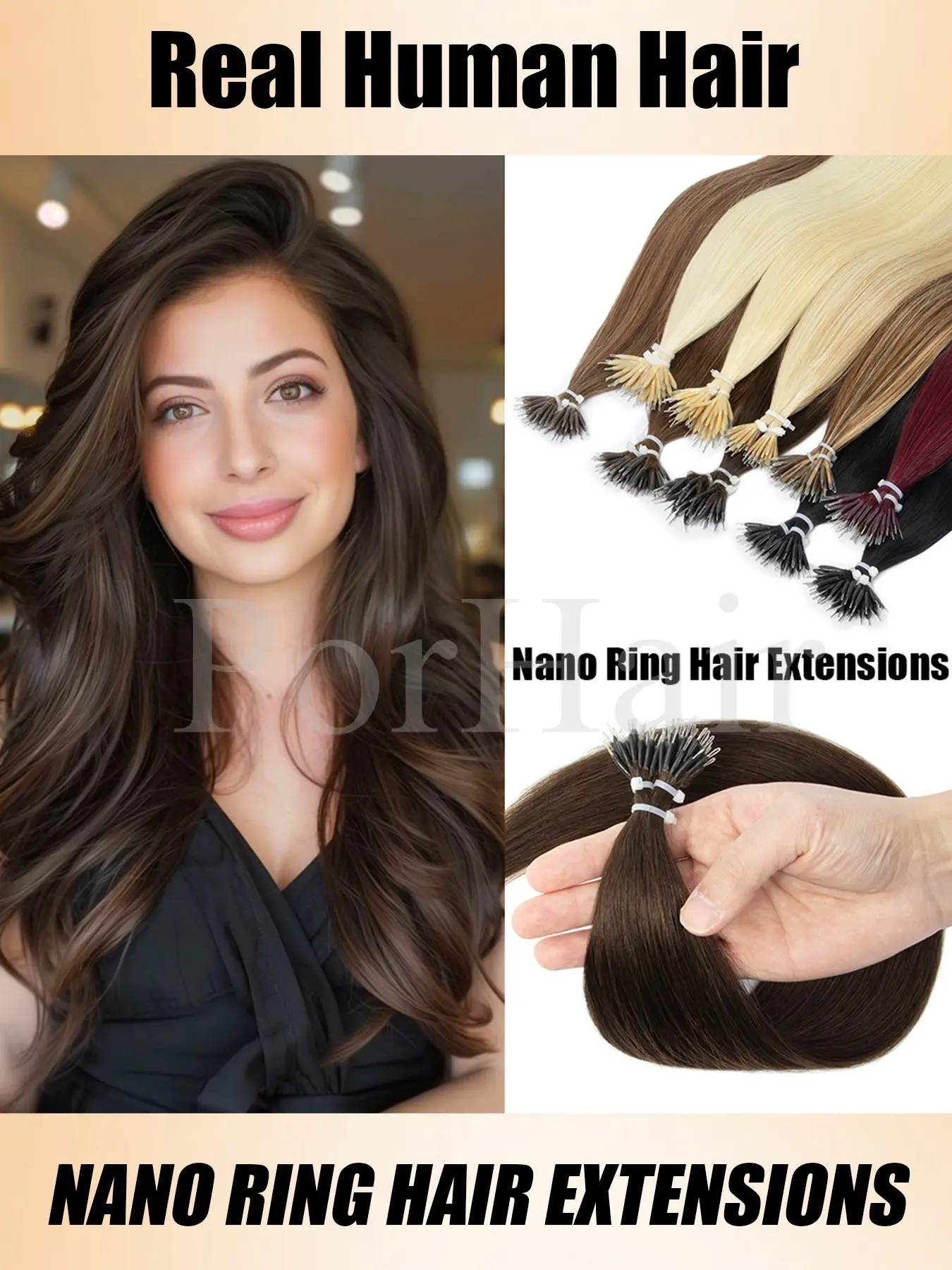 50 Strands/Pack Straight Brown Nano Rings Hair Extensions Human Hair Natural Black Brown Blonde Micro Nano Beads Ring Human Hair Extension 30G/Pack