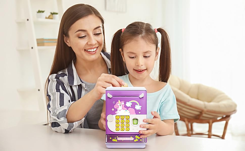 ZY   Mini ATM Savings Machine with Personal Password & Fingerprint Unlocking Simulation - Music Box with Songs for, Boys and Girls 3-8 Years (Purple) Decor Piggy Transparent Set Ornaments Pink Add Swipe Card Function