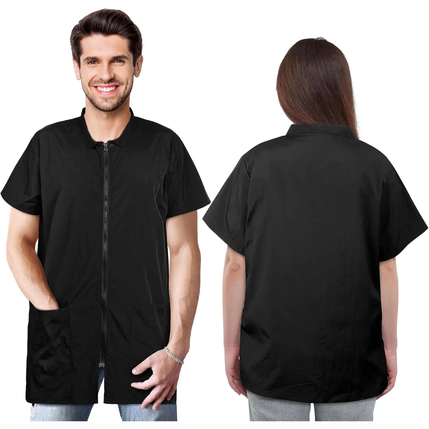 2 Pack Black Pet Groomer Uniforms with Full Zipper Water Resistant and Anti-Static Pet Smock Clothes for Women Men, XX-Large