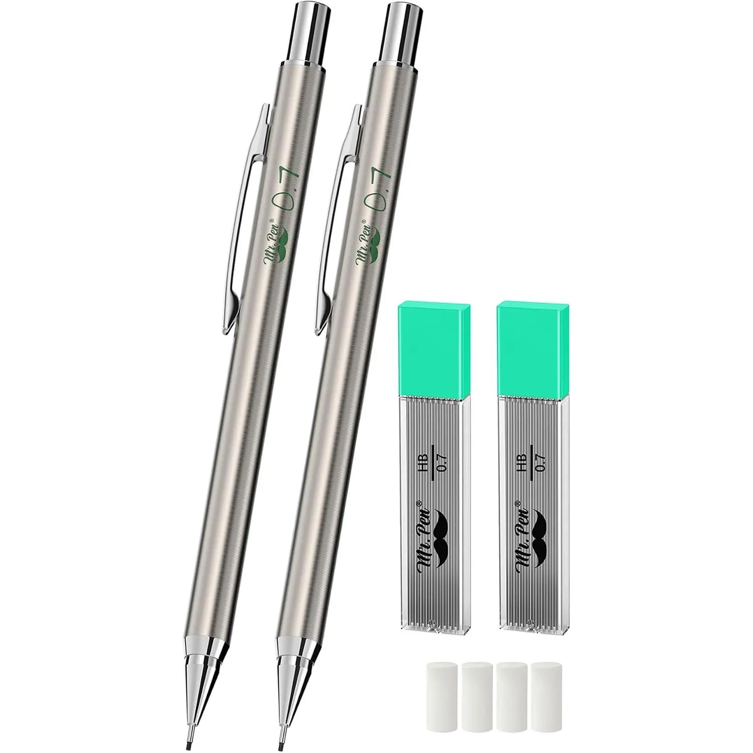 - Metal Mechanical cil Set with Lead Refills & Erasers, 2 Pack | 0.7mm, 4x Tubes HB Lead Refill, 4x Eraser Refills for School Supplies, Note Taking, Drawing, Sketching, Office