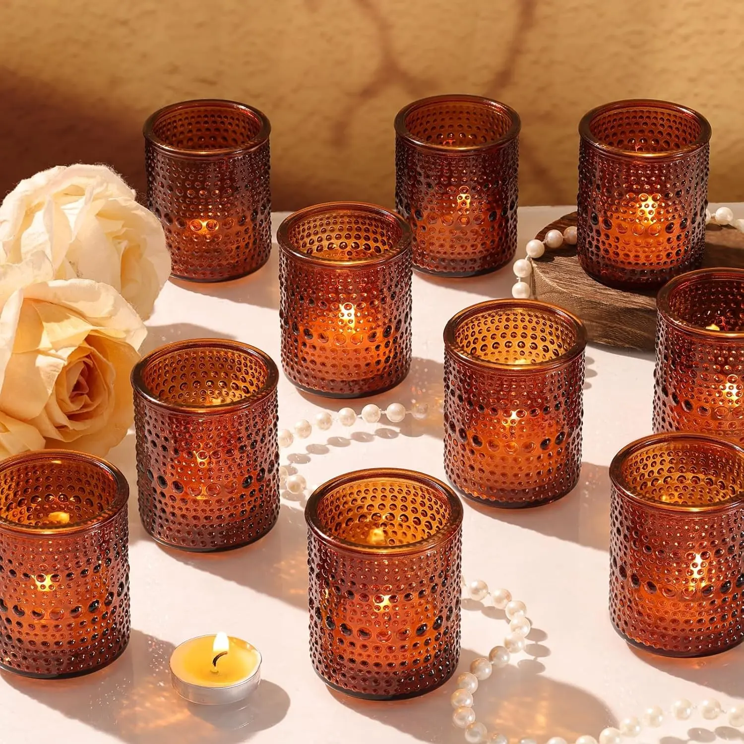 15Pcs Glass Votive Candle Holders, Amber Tea Light Candle Holders Vintage Fall Tealight Candle Holder Bulk for Autumn, Thanksgiving Table Centerpieces, Christmas Decor (Amber)