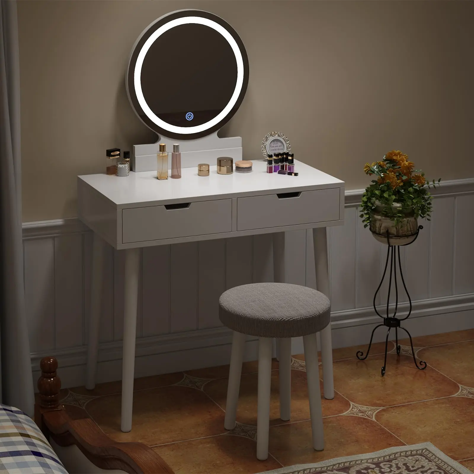 Garvee Makeup Vanity Set with 3-Color Dimmable Lighted Mirror, Makeup Dressing Table with Soft Cushioned Stool, White