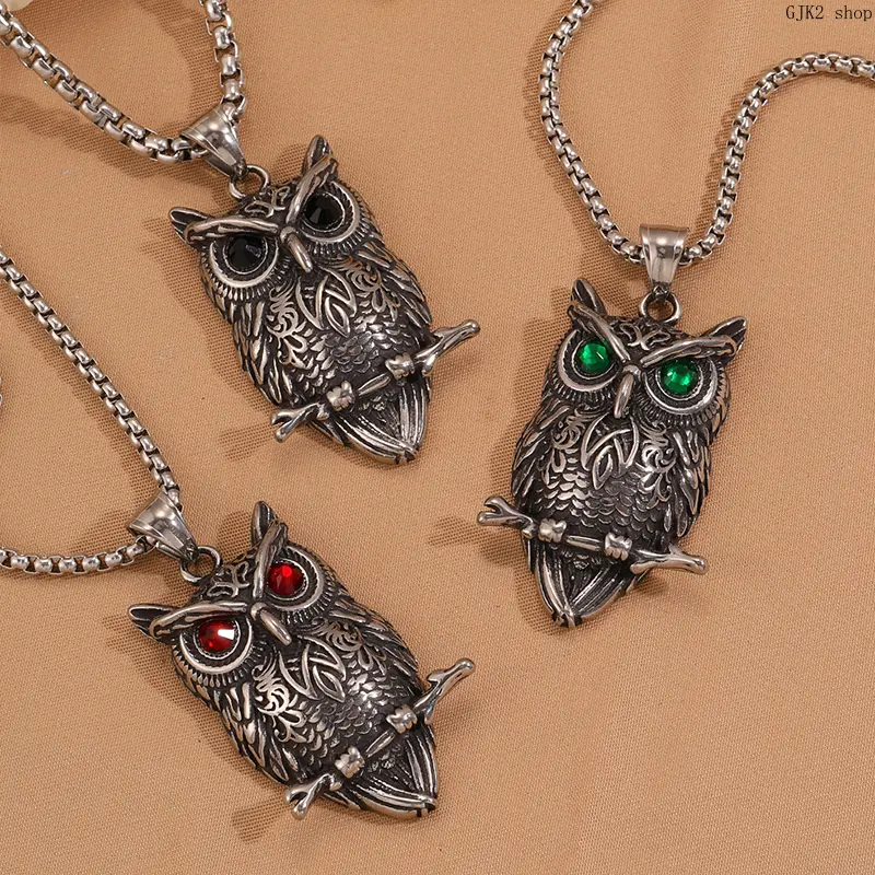 Vintage Carved Owl Necklace - Animal Charm with Carved Details, Owl Shape & Colored Crystal Eyes, Stainless Steel Pendant Chain for Men’s Biker Wear
