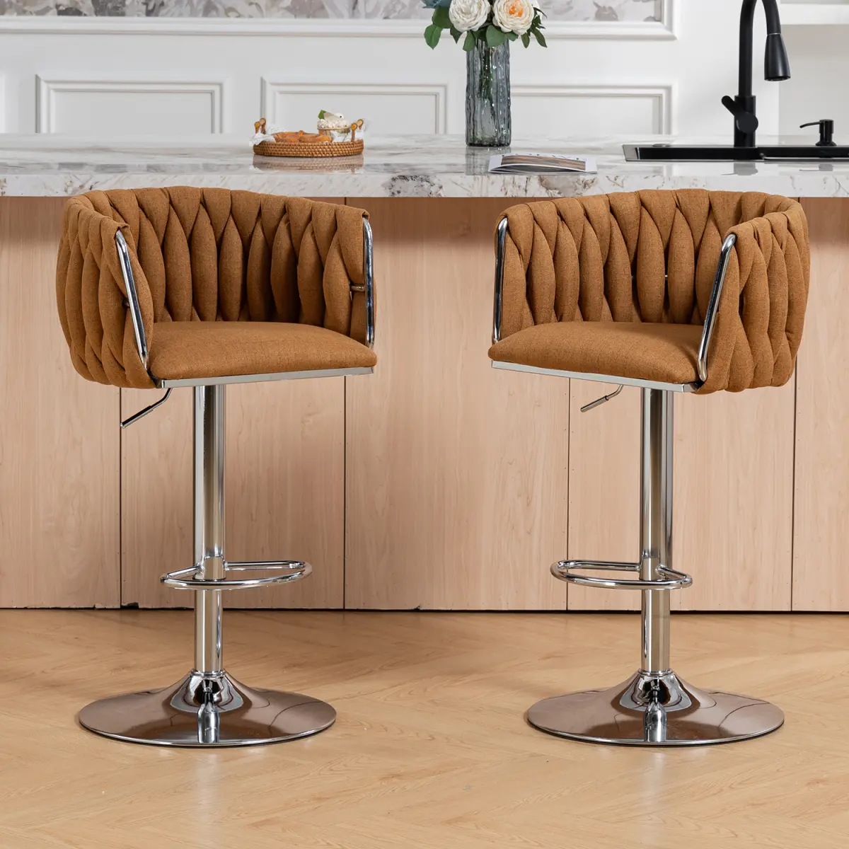 360° Fabric cover Swivel Bar Stools Set of 2, Adjustable Counter Height Bar Chairs with Woven Back & Footrest, Silver chromed Bar Stools for Kitchen Island, Cafe, Pub (CARAMEL)