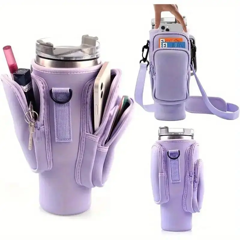 Water Bottle Tumbler Carrier Bag with Phone Pocket for Stanley Cup 40/30oz,Insulated Neoprene Water Bottle Holder Pouch Cross-boday Bag with Adjustable Shoulder & Handheld Strap Stanley Cup Accessories 3 Pockets