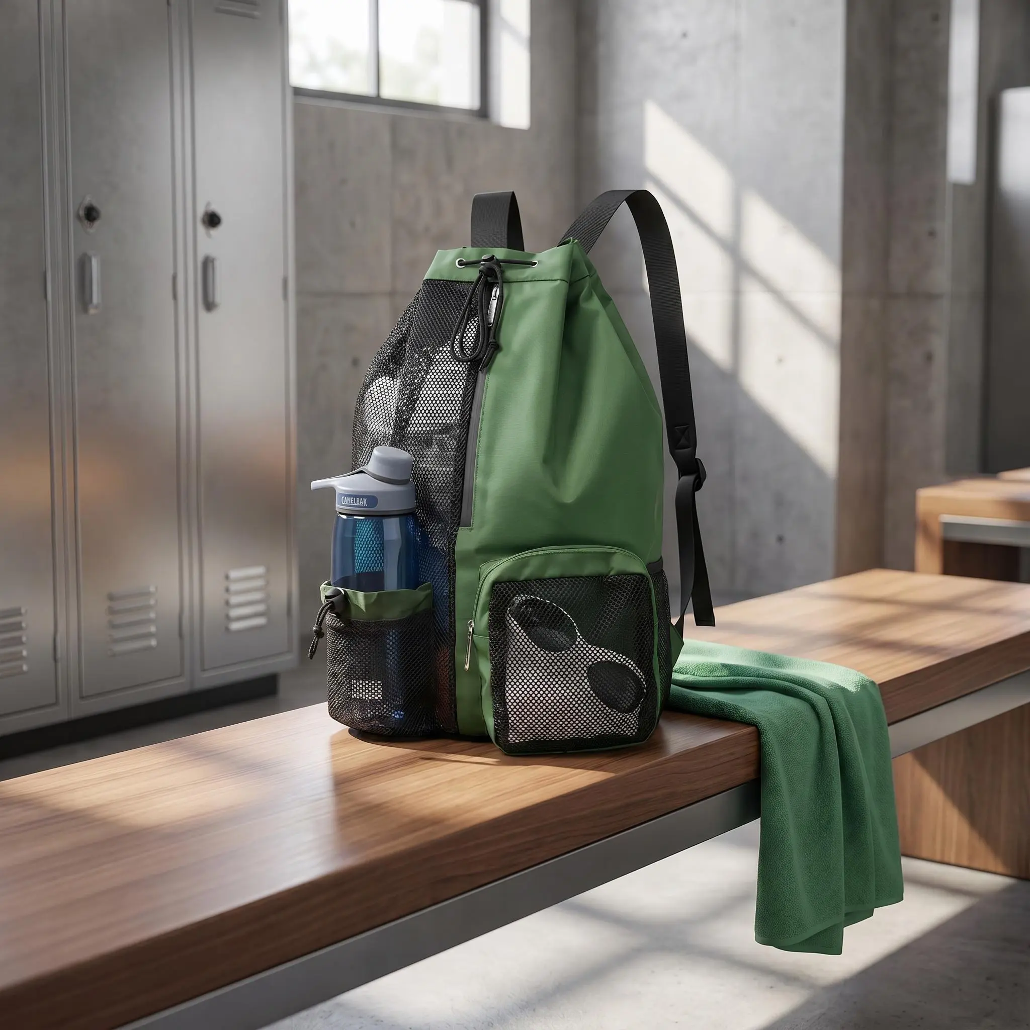 Unisex waterproof mesh drawstring swim backpack (featuring a waterproof compartment); 20–35L capacity; suitable for swimming, fitness, and water sports.