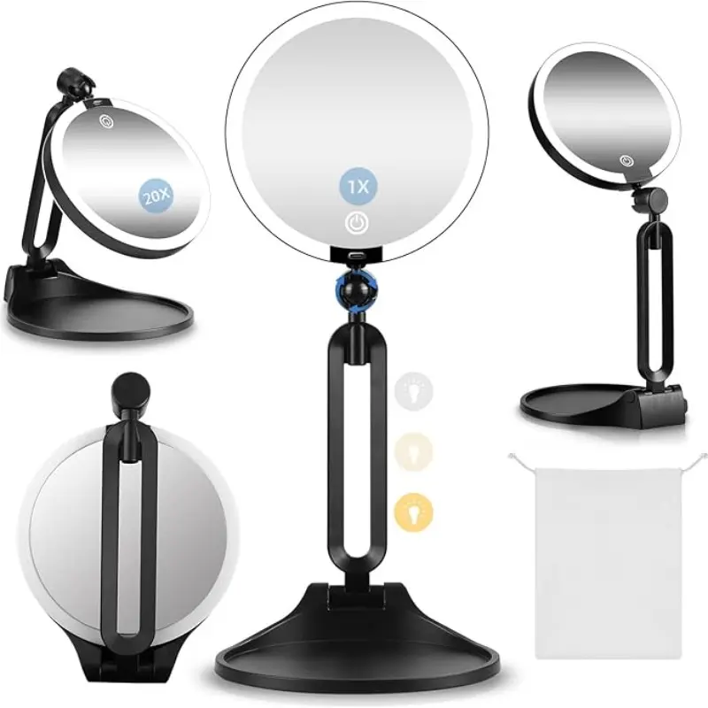 Foldable LED Makeup Mirror, Dual-Sided 1x/20x Magnification, Adjustable Light, 360° Rotation, Portable Travel Vanity Mirror with Tray and Bag, Lighted Makeup Mirror, Folding Makeup Mirror