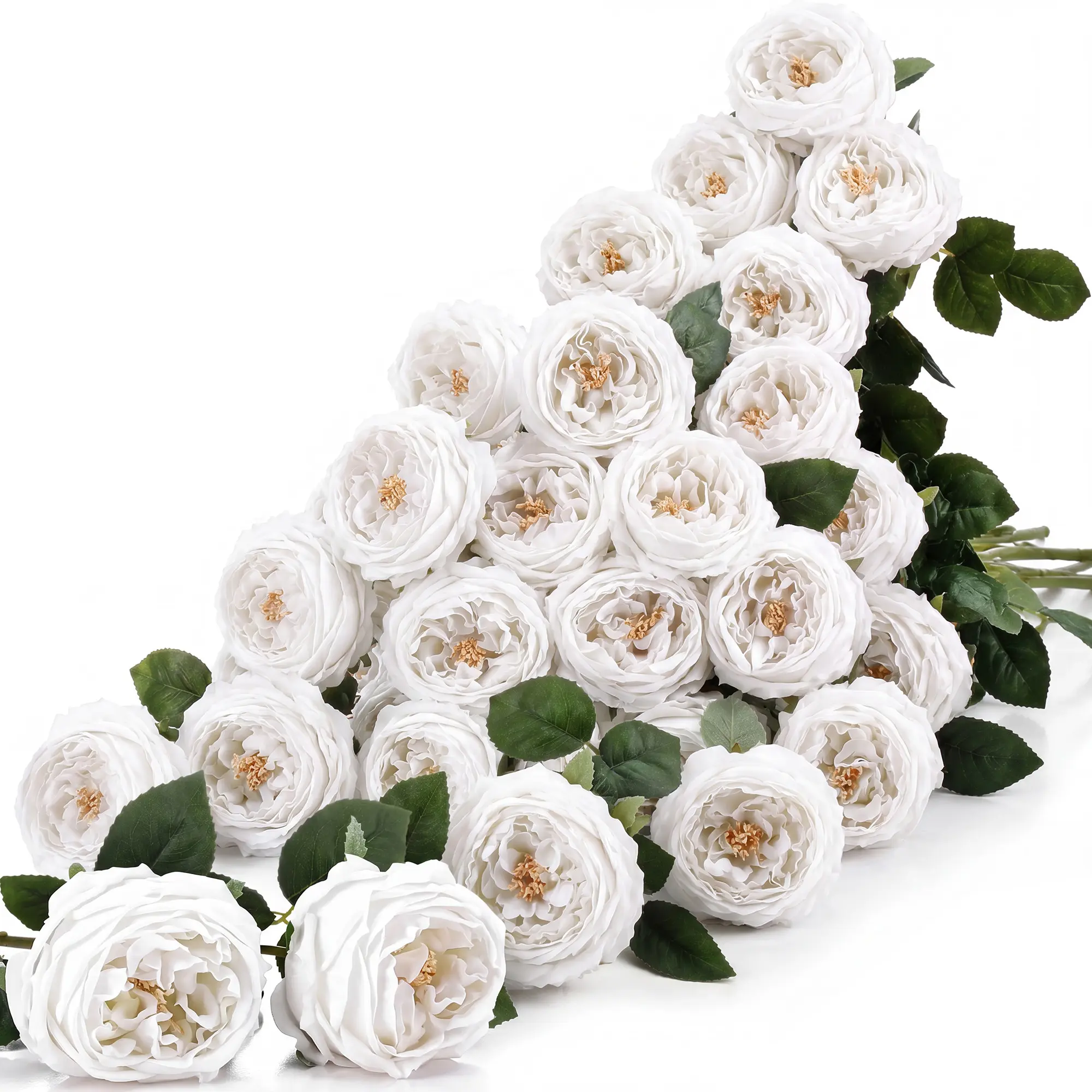 Realistic Artificial Austin Roses - 20 Faux Peony Stems with Large Blooms, Lifelike Flowers for Home Decor, Weddings, Christmas, Valentine’s, DIY Arrangements - White