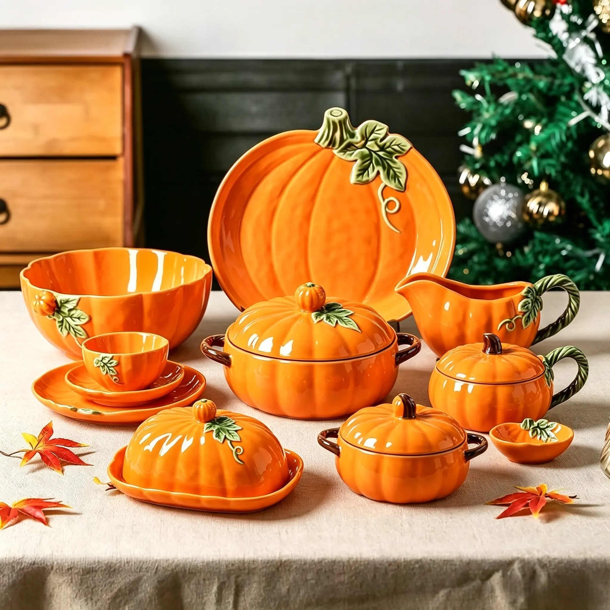 Pumpkin Shaped Ceramic Tableware Set, Cute Fall Aesthetic Bowls & Plates, Creative Home Dinnerware for Halloween & Daily Use