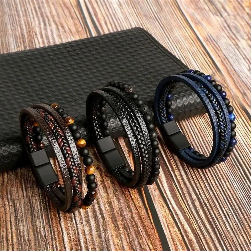 Men's 3-Pack High Quality Exquisite Leather Bracelet Set - Classic Style Multi-Layer Wrap Design with Tiger Eye Beads, 21cm Adjustable Men's Jewelry for Boyfriend, Ideal for Gift Feast Social Interaction, Exquisite Bracelet, High Quality Bracelet
