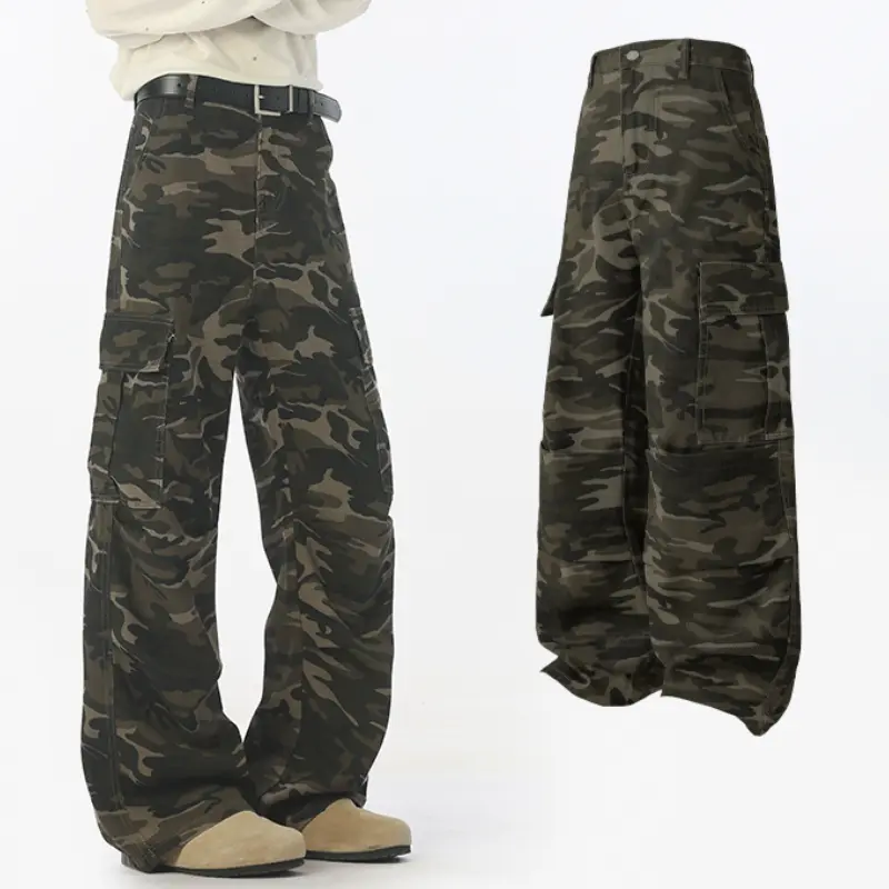 Men Vintage Camo Cargo Flare Pants, Multi Side Pockets Loose Wide Leg Camouflage Trousers, High Street Y2K Casual Denim Cargo Pants