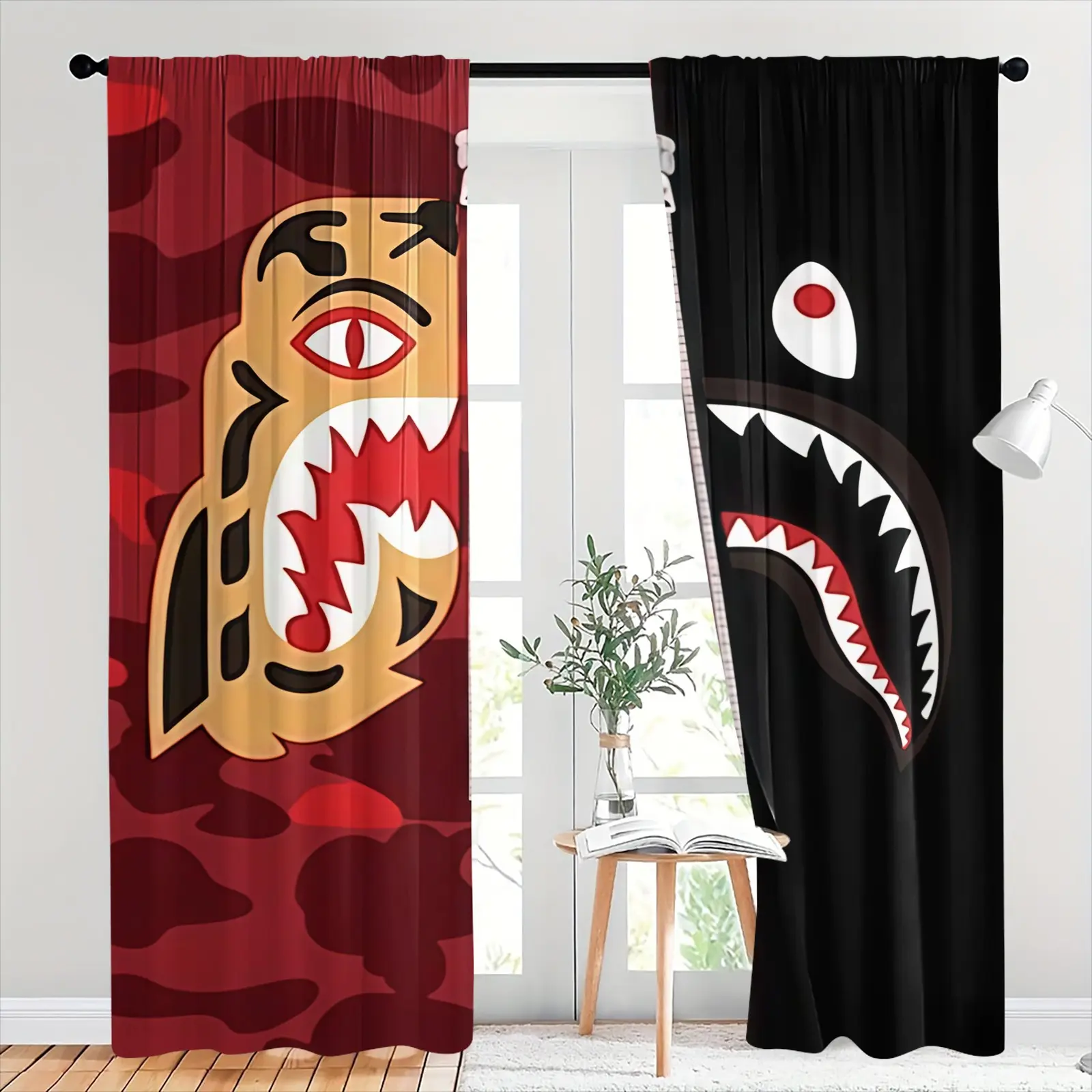 Camouflage Shark Head Pattern Brushed Fabric Semi-Blackout Curtains, 2-Pack, Suitable For Living Room, Balcony And Bedroom, Perfect Home Seasonal Holiday Room Decoration