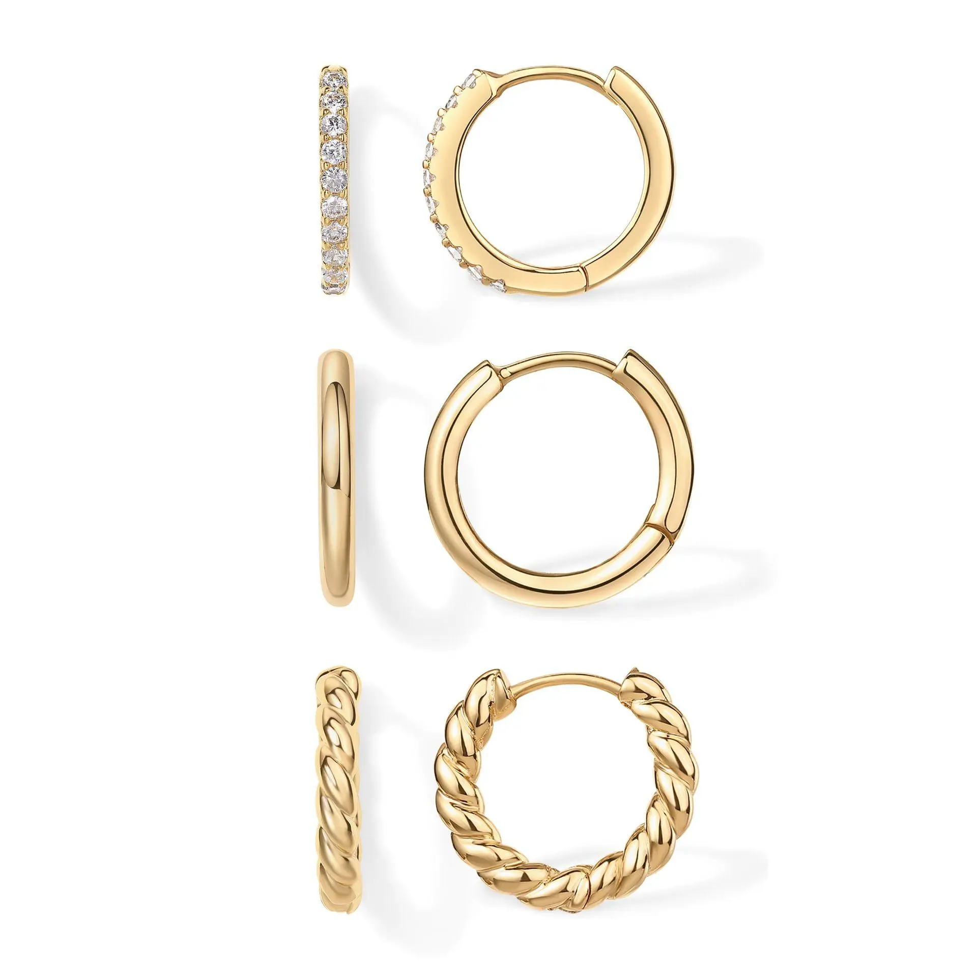 Gold Huggie Hoop Earrings for Women, Hypoallergenic Stainless Steel Clickers in Smooth, Twisted, or Pave CZ Styles, Small Size for Cartilage Daily Stacking, Plain, Daily Wear, Simple, Smooth/Twist/Pave