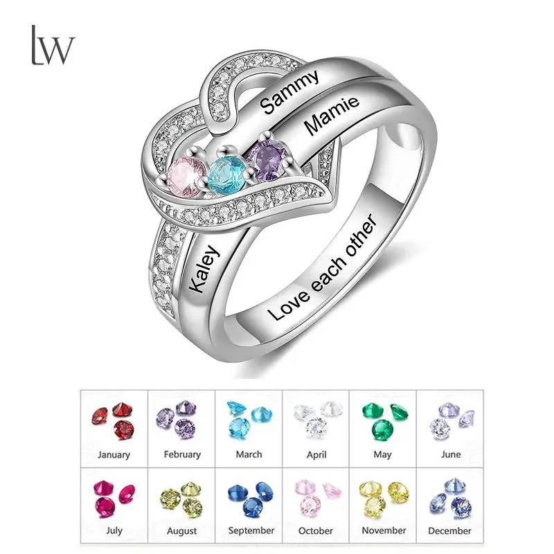 Personalized 1-8 Birthstone Rings for Women Customized Engraved Name Rings for Her Custom Cubic Zirconia Stones Heart Rings Gift