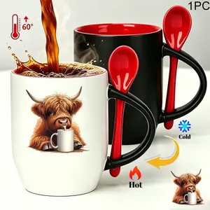 Cute Highland Cow Coffee Mug, Magic color changing cup, including coffee spoon, Best Teacher Appreciation Gift, Heat Sensitive Color Changing Ceramic Cup for Office Home, Thank You Present for Teachers