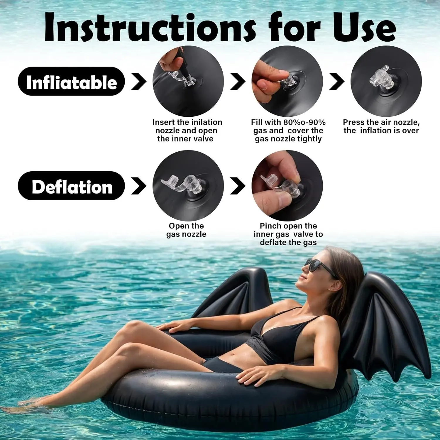 Dark Bat Wings Inflatable Swim Ring, Adult Floatation Device, Pool Party Photo Float, Trendy Water Sports Accessory