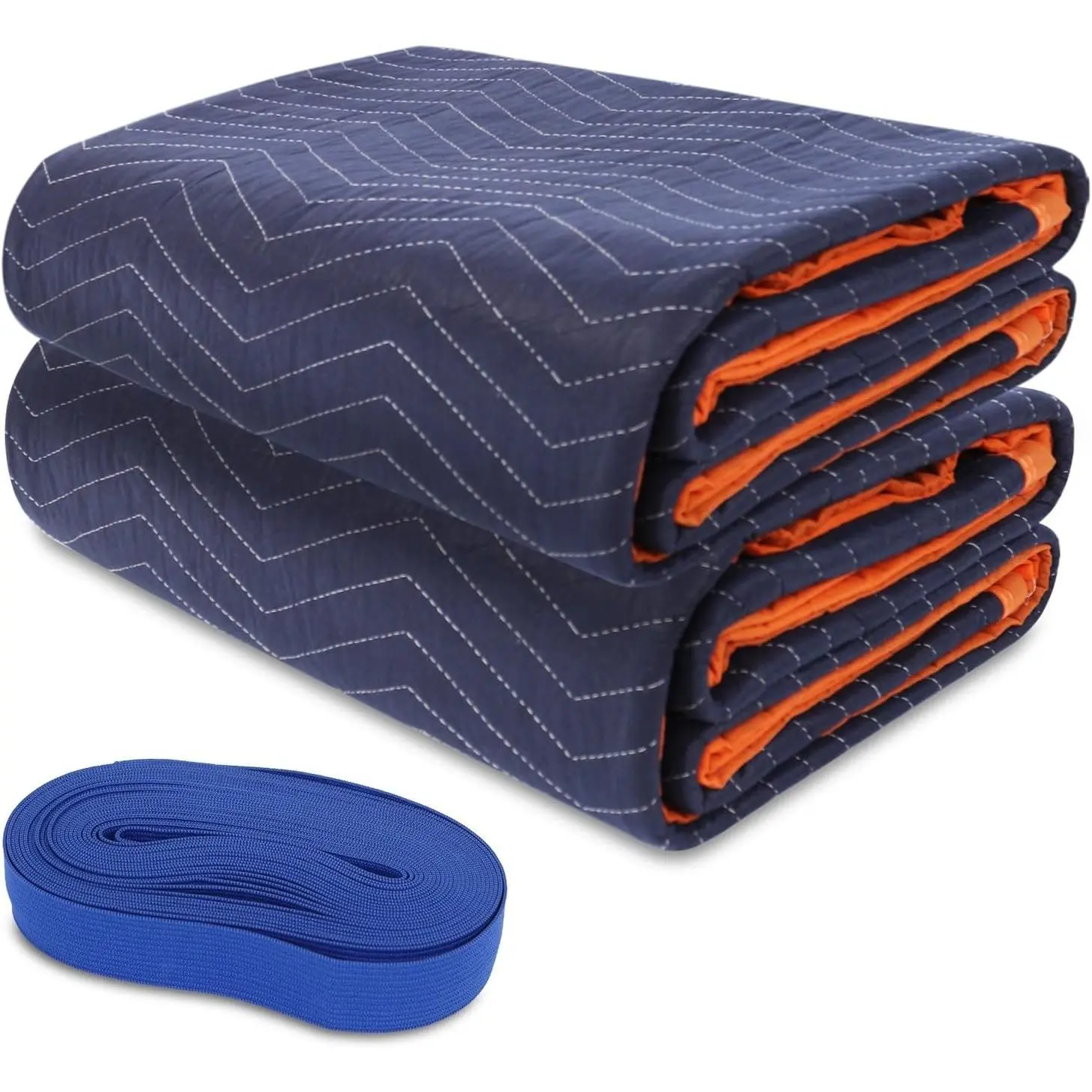 2 Moving Blankets 72x80in with 1 Elastic Rubber Band (196in Extendable to 400in) – Durable Quilted Moving Blanket-Heavy Duty Shipping Blankets ( Weight 8.8 lbs,Black/Blue)
