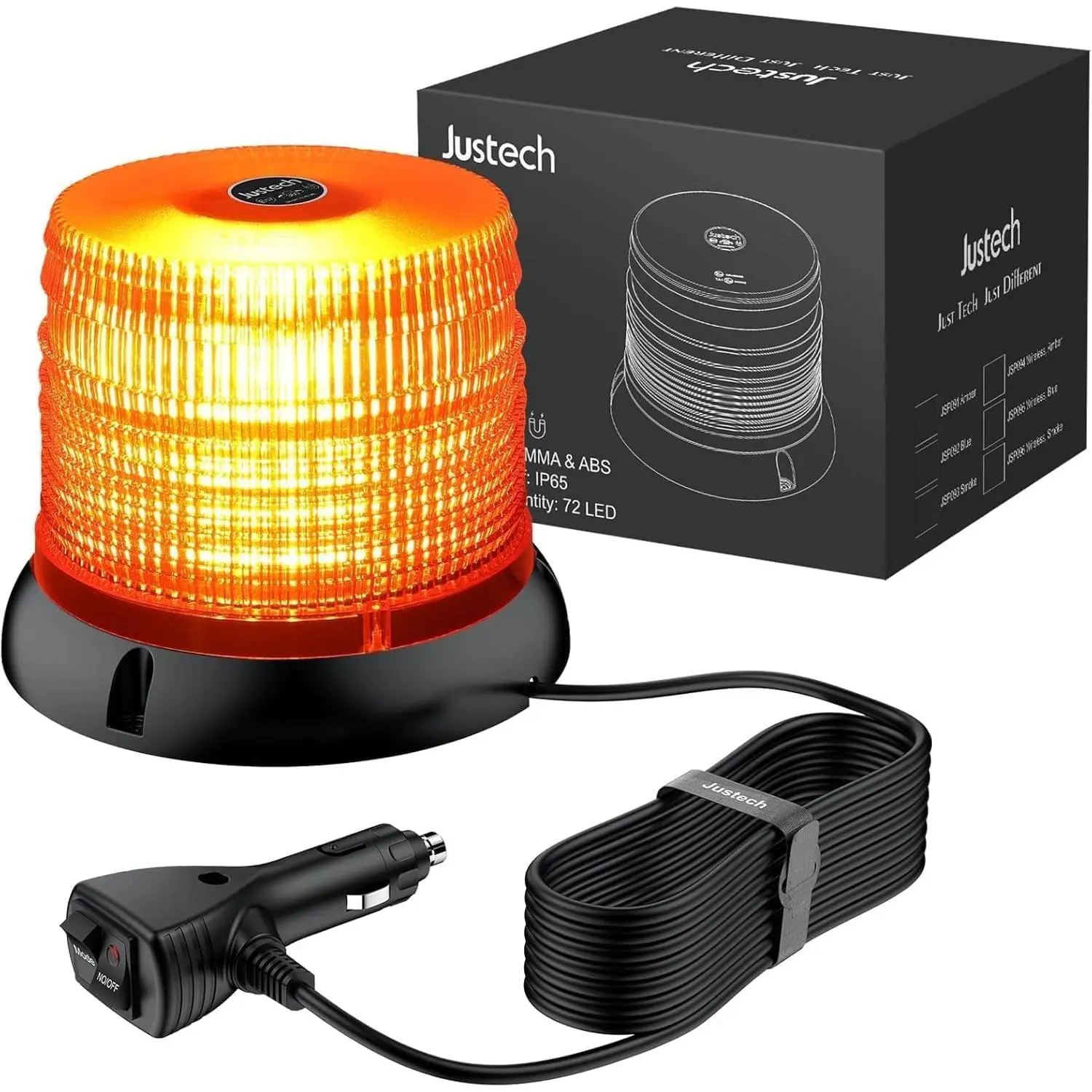 Justech LED Magnetic Strobe Light, Beacon Light, Emergency Warning Light (72LED, Amber) | Amber Super Bright, Strong Magnetic Base, IP65 Waterproof, 6 Flash Modes, 16Ft/5M Cord, 12-24V For Trucks Vehicle Snow Plow