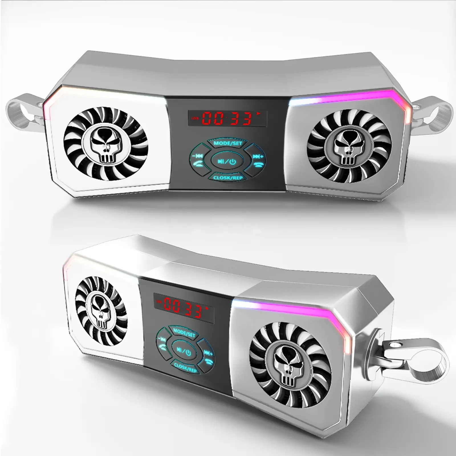 Silver Skull Motorcycle Speaker, Fm Radio, USB Mp3 Player, Aux Input, Hands-Free Call, RGB Lights, 12V Power, Full-Range Speaker, Speaker With Aux Input