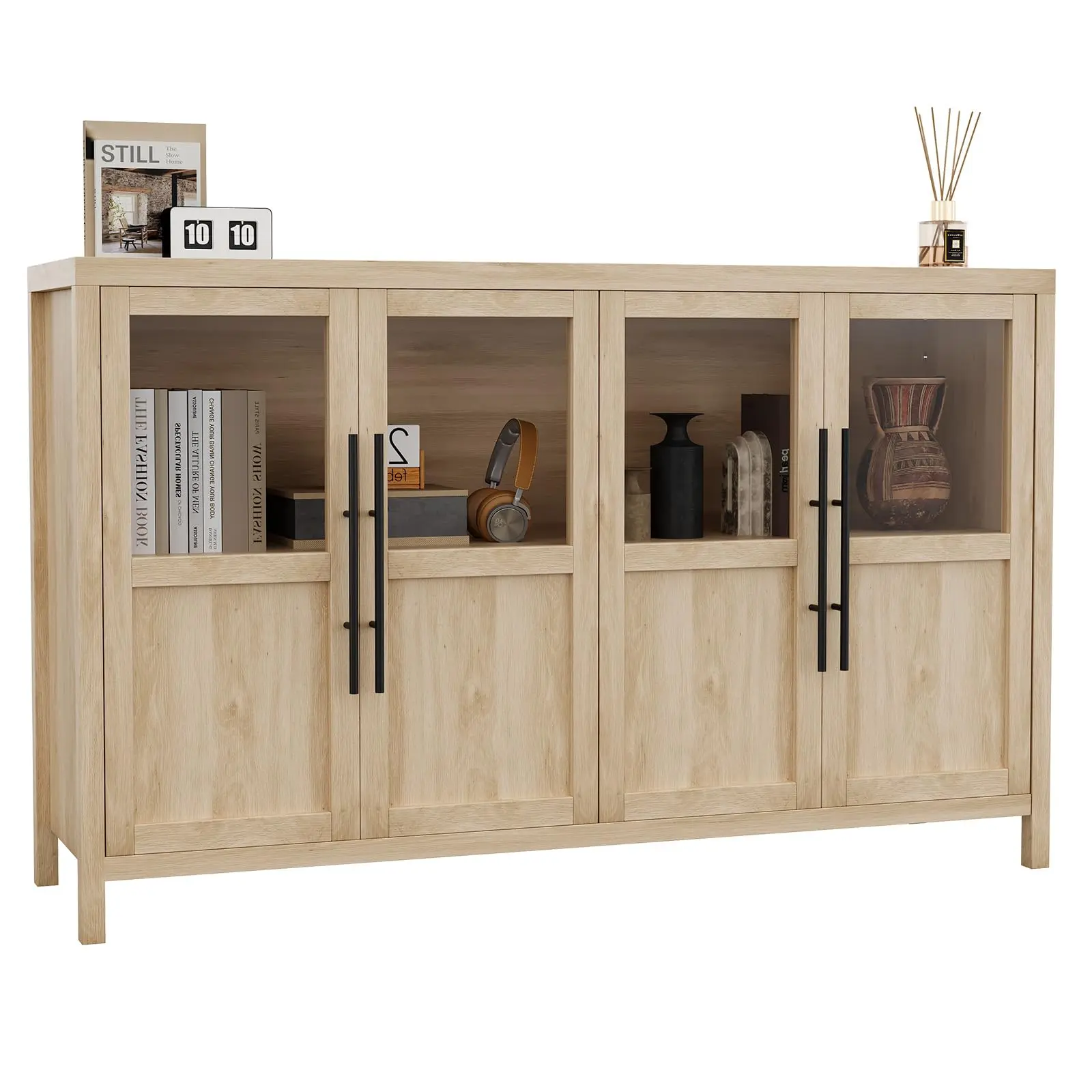 GARVEESideboard Buffet Cabinet with 4 Glass Doors, 55" Large Modern Farmhouse Storage Cabinet Table for Kitchen, Dining Room, and Living Room, Available in Pear Wood, White, and Black
